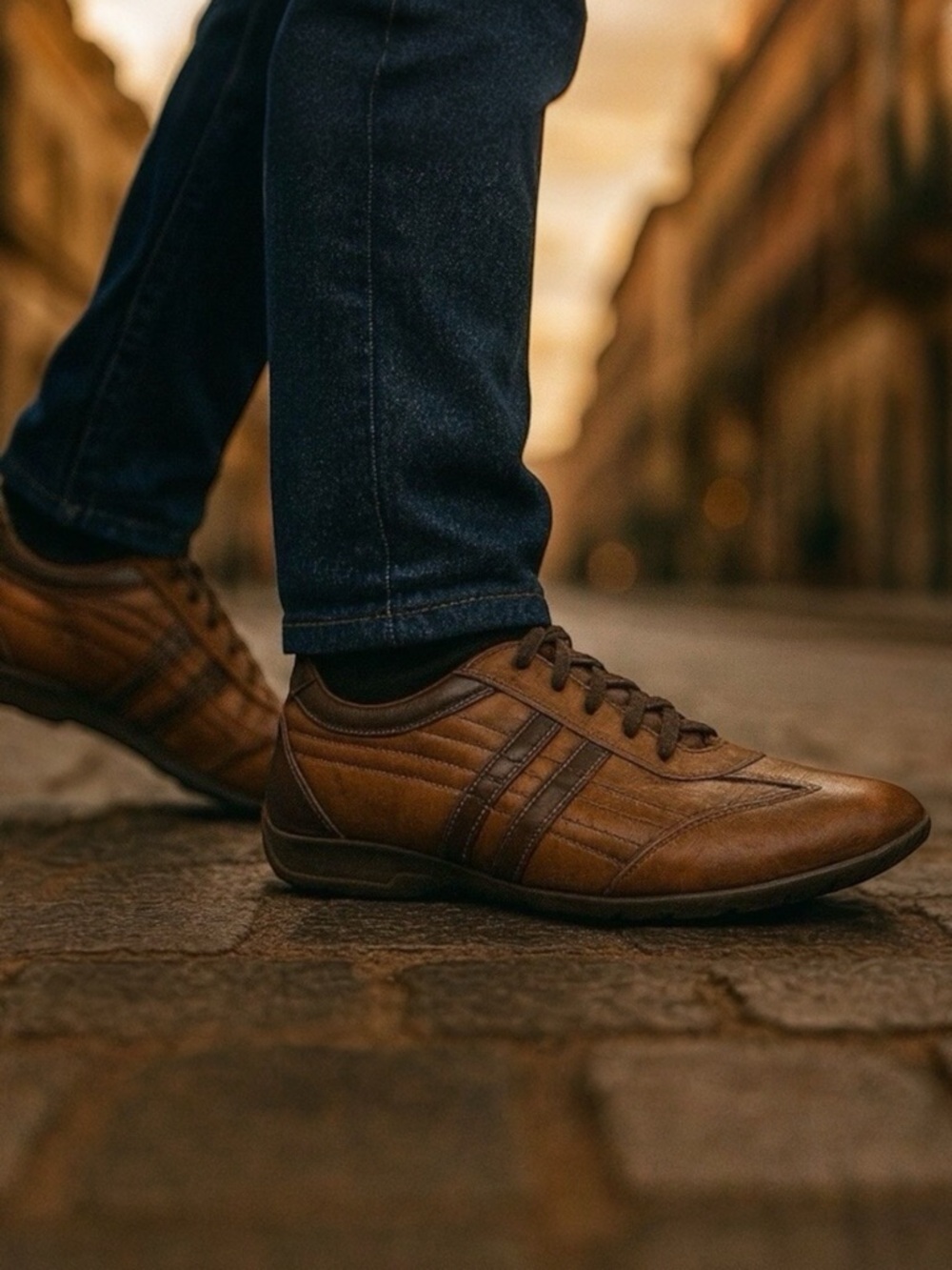 Mezlan Mens Sneakers 8.5 Brown Leather Retro Stripe Low Top Casual Lace Up Spain
